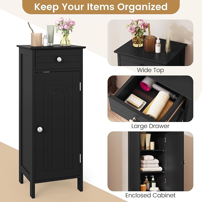 GLACER Floor Storage Cabinet, Multifunctional Bathroom Storage Cabinet with 2 Adjustable Shelves, Ideal for Bathroom, Living Room, 14 x 12 x 34.5 inches (Black)