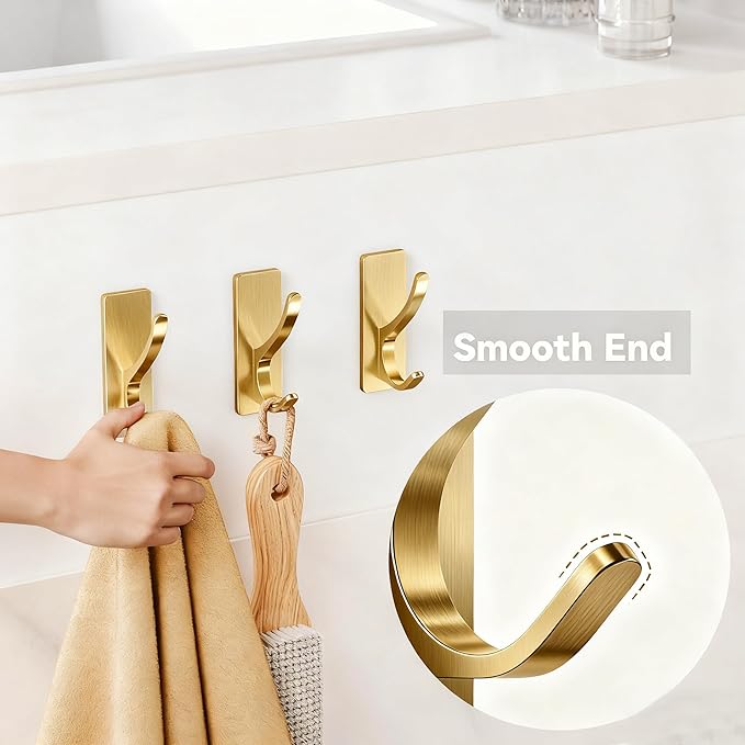 pickpiff 13 LB Self Adhesive Coat Hooks for Hanging: Heavy Duty Stainless Double Wall Hook for Towel, Backpack, Hat, Sturdy Metal Hanger for Bathroom, Bedroom, Door, Wall Mounted, 4-Pack, Brushed Gold