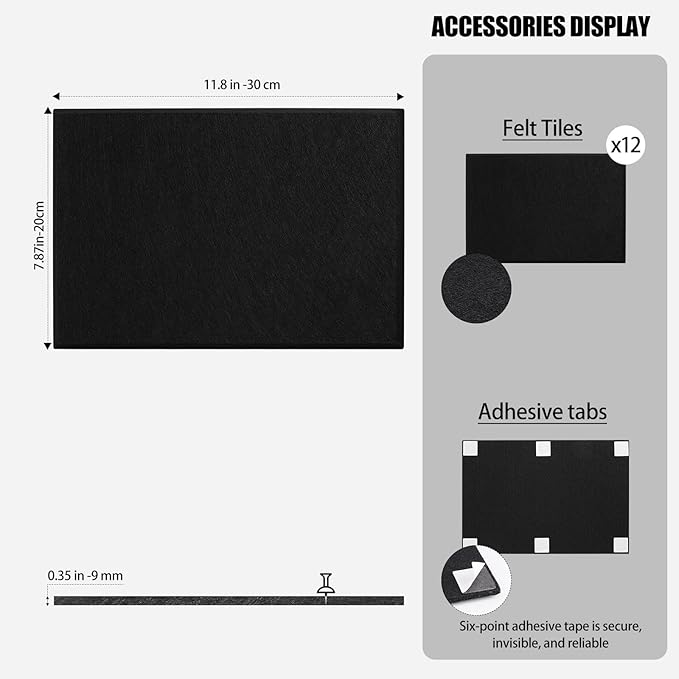 12 Pack Cork Boards for Walls, 48" x 24" Large Felt Wall Tiles, Black Bulletin Board Paper with Safe Removable Adhesive Tabs, Pin Corkboard for Office Home Decor