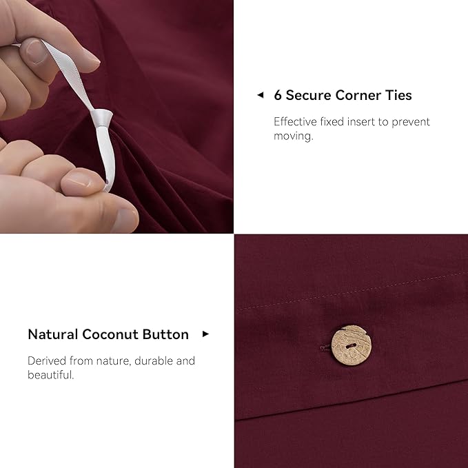 JELLYMONI Cotton Duvet Cover Cal King Size - Burgundy Comforter Cover with Button 100% Washed Cotton 3PCS Breathable Soft Solid Bedding Set Duvet Cover 104×98in & 2 Pillowcases (NO Comforter)