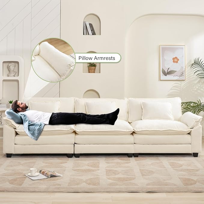 120" Modular Sectional Sofa, Comfy Cloud Couch Sectional Sofa, Chenille Sofa Sleeper Deep Seat Sofa with Throw Pillows for Living Room (Beige White, 120"- 3 Seater)