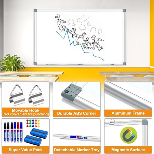 Large Magnetic Dry Erase Whiteboard, 60"X40" White Board for Wall with Long Pen Tray, Dry Erase White Board for Home Office Classroom