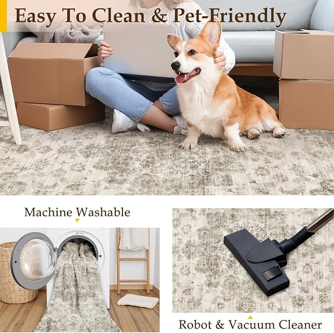 9x12 Neutral Area Rug Taupe Vintage Living Room Bedroom Carpet Non-Slip Soft Low Pile Washable Floral Indoor Indoor Large Throw Rug for Dining Room Office