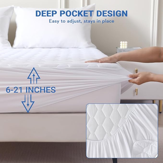 MUXHOMO King Size Mattress Protector, 100% Waterproof Quilted Mattress Cover King Size Bed, Noiseless Soft & Cooling Mattress Pad Cover, Deep Pocket 6"-21", White
