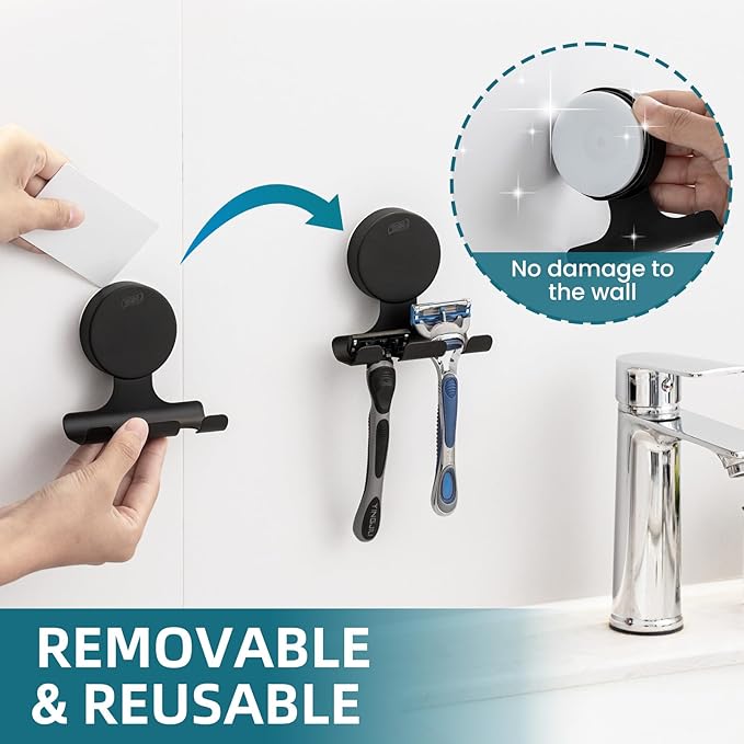 TAILI 2 Pack Powerful Suction Cup Razor Holder, 304 Stainless Steel Bathroom Suction Hooks for Towel, Loofah, Bathrobe, Stylish Shaver Holder for Shower Wall, Easy to Install and Reuse, Black