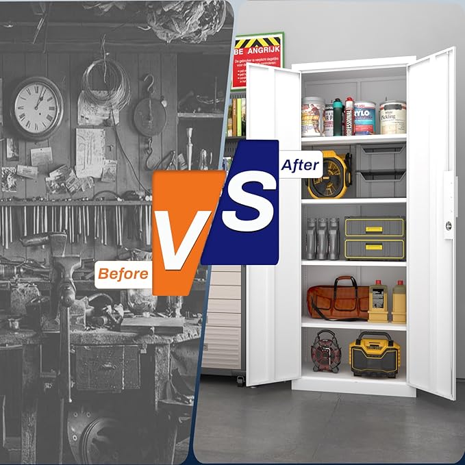 72" Metal Storage Cabinet with Doors and Adjustable Shelves,Locking White Storage Cabinet with Lock,Office,Gym,School,Home