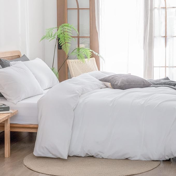 BESTOUCH Duvet Cover Set 100% Washed Cotton Linen Feel Super Soft Comfortable Chic Lightweight 3 PCs Home Bedding Set Solid Bright White Super Queen