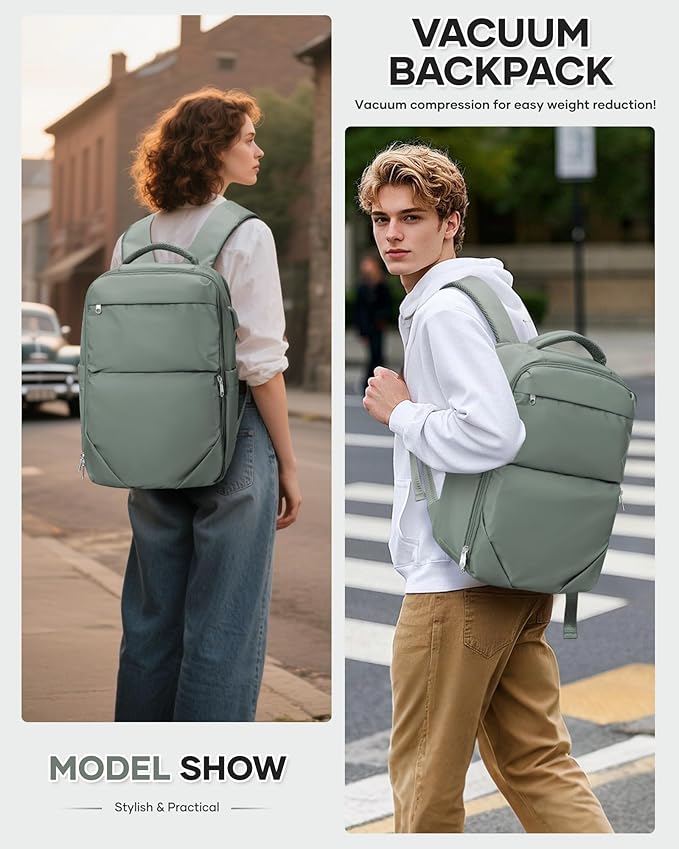 Vacuum Backpack Travel for Women Men, Travel Backpack with Vacuum System, Small Compression Backpacks Flight Approved, Travel Vacuum Bags with 14inch Laptop Compartment, Contain Pump, Green