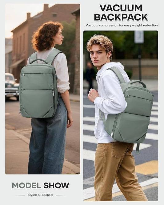 Vacuum Backpack Travel for Women Men, Travel Backpack with Vacuum System, Small Compression Backpacks Flight Approved, Travel Vacuum Bags with 14inch Laptop Compartment, Contain Pump, Green