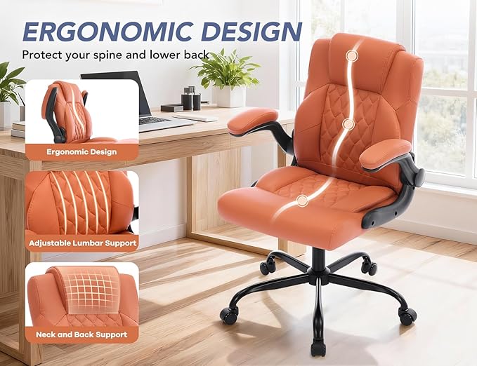 Office Chair with Adjustable Inflatable Lumbar Support,Leather Ergonomic Computer Desk Chair with Flip-up Arms,Adjustable Tilt Lock,Swivel Rolling Executive PC Chair for Work,Study,Meeting.Brown