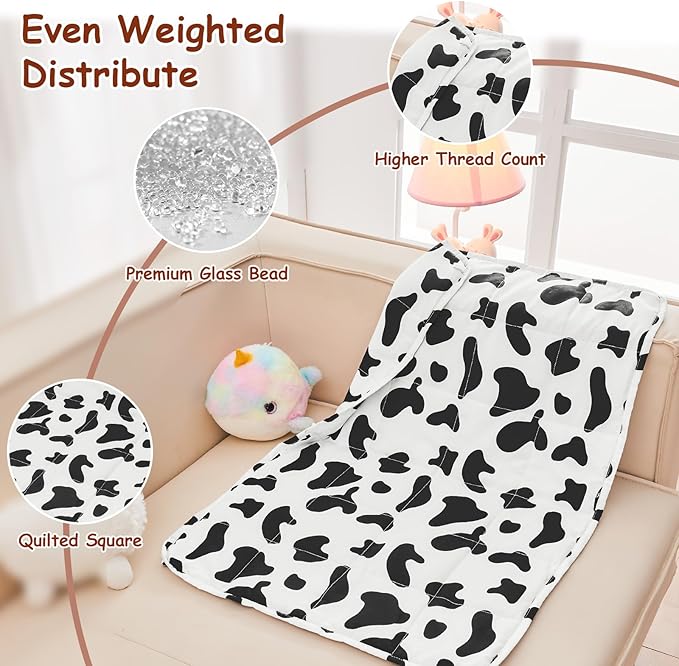yescool Weighted Lap Pad Kids 2 Pounds Weighted Lap Blanket, Cow Print Small Weighted Blanket, Weighted Throw Blanket Gift for Travel Indoor Outdoor, 20"x30"