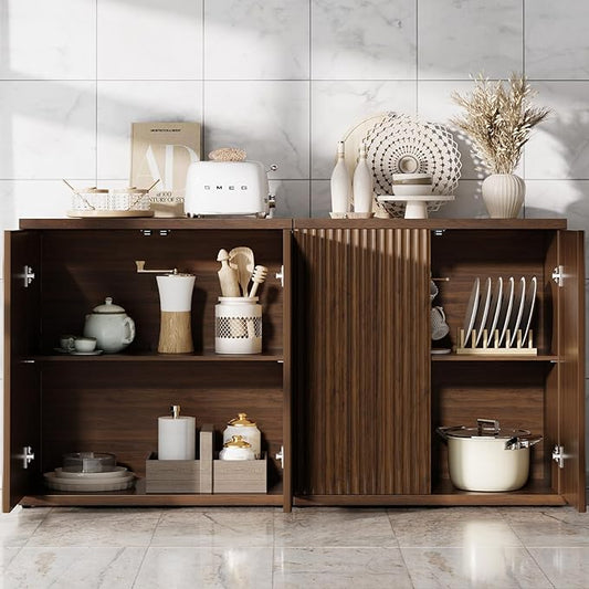 Fluted Buffet Cabinet Sideboard with Storage,Wooden Credenza with 2 Doors&Adjustable Shelve, Modern Accent Cabinets Coffee Bar Bookcase for Living Room,Kitchen Dining Room Entryway 15"D Brown