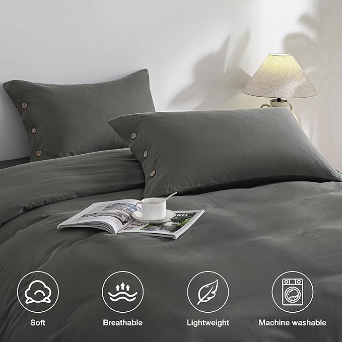 JELLYMONI King Set of 2 Cotton Button Pillow Covers 20×36in Grey Bed Pillow Cases 100% Washed Cotton Soft Breathable