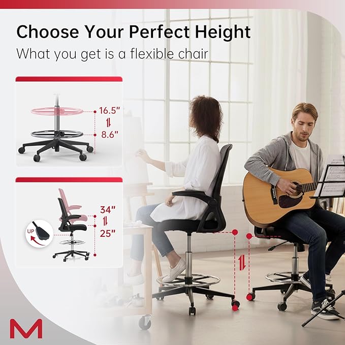 Drafting Chair,Tall Office Chair with Lumbar Support,Ergonomic Tall Desk Chair with Flip Up Armrests,Standing Desk Chair withAdjustable Footrest Ring,High Office Chair