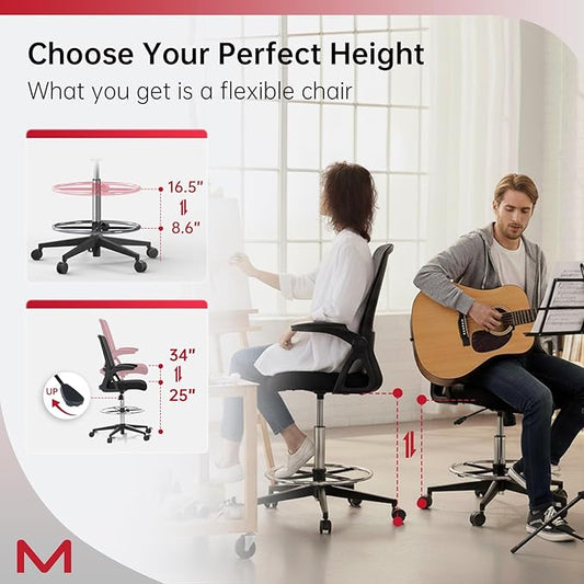 Drafting Chair,Tall Office Chair with Lumbar Support,Ergonomic Tall Desk Chair with Flip Up Armrests,Standing Desk Chair withAdjustable Footrest Ring,High Office Chair