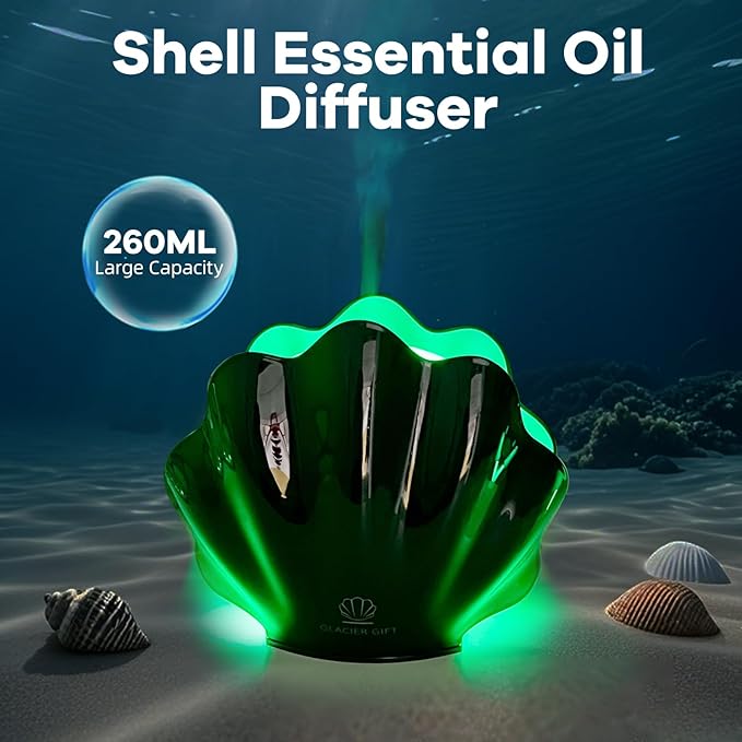 Essential Oil Diffuser 260ML, Shell Aroma Diffuser with Remote Control Humidifier with 7 Colors LED Night Light for Bedroom Home Relaxation (Green)