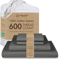 Threadmill 100% Cotton Sheets for Cal King Size Bed - 600 Thread Count Cal King Bed Sheets Set with 16” Deep Pocket - Sateen Weave 4-Piece Bedding Set with Cooling Effect, Dark Grey