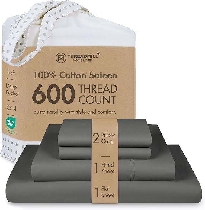 Threadmill 100% Cotton Sheets for Cal King Size Bed - 600 Thread Count Cal King Bed Sheets Set with 16” Deep Pocket - Sateen Weave 4-Piece Bedding Set with Cooling Effect, Dark Grey