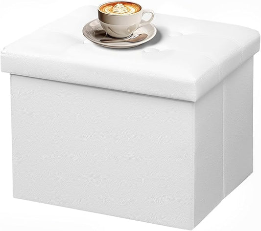 AmasSmile Storage Ottoman Folding Foot Rest Stool, Leather Footstool Bench, Short Ottoman Stool, Storage Foot Rest Store, Books (White, 17" D x 13" W x 13" H)