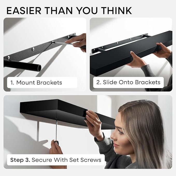 Homeforia Black Floating Shelves 36 inches Long, High End Solid Real Wood 36 inch Floating Shelf for Wall Mounted, Black Wooden 36in Floating Shelves, Heavy Duty Bracket, 36 X 6.5 X 1.75 in, Set of 3