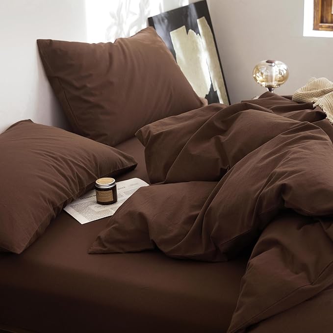 FOSSA Duvet Cover Set 100% Washed Cotton Linen Feel Super Soft Breathable Cozy 3 Pieces Bedding Sets Solid Cocoa Brown Queen