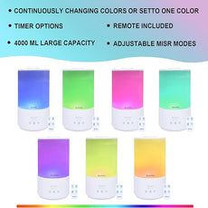 BlueHills Premium 4000 ml Tall Essential Oil Diffuser 4L 4 Liter 50 Hour Run with Remote Timer Aroma Humidifier 1 Gallon Big Capacity High Mist Output for Large Room Huge Size Mood Lights White T401