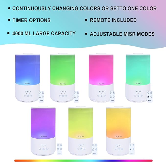 BlueHills Premium 4000 ml Tall Essential Oil Diffuser 4L 4 Liter 50 Hour Run with Remote Timer Aroma Humidifier 1 Gallon Big Capacity High Mist Output for Large Room Huge Size Mood Lights White T401