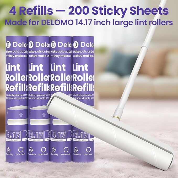 DELOMO 14.17" Large Lint Roller Refills (4 Packs 200 Sheets) – Compatible Only with DELOMO 14.17 in Giant Lint Roller – Extra Sticky Floor Lint Roller Refill for Carpets, Bedding, Couches, Pet Hair