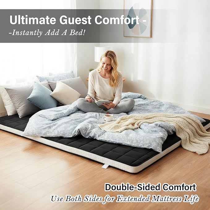 Tiita Japanese Floor Mattress, 4” Thicken Futon Mattress with Storage Bag and 2 Straps, Full Size Sleeping Tatami Mat for Adults，Black