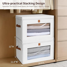 Large Clothing Storage Bins - Collapsible Boxes with Handles & Window, Decorative Organizer Bins with Lids, Fabric Containers for Living Room, Dorm, 4 Pack, White
