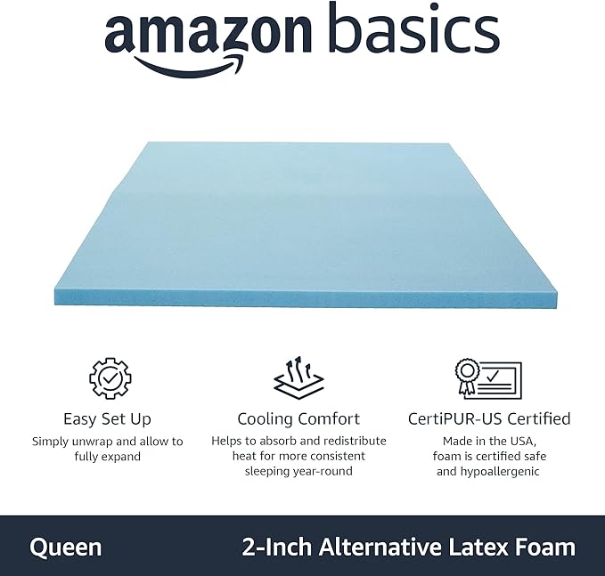 Amazon Basics Queen Mattress Topper, Cooling Gel-Infused, CertiPUR-US Certified, 2 Inches, Blue