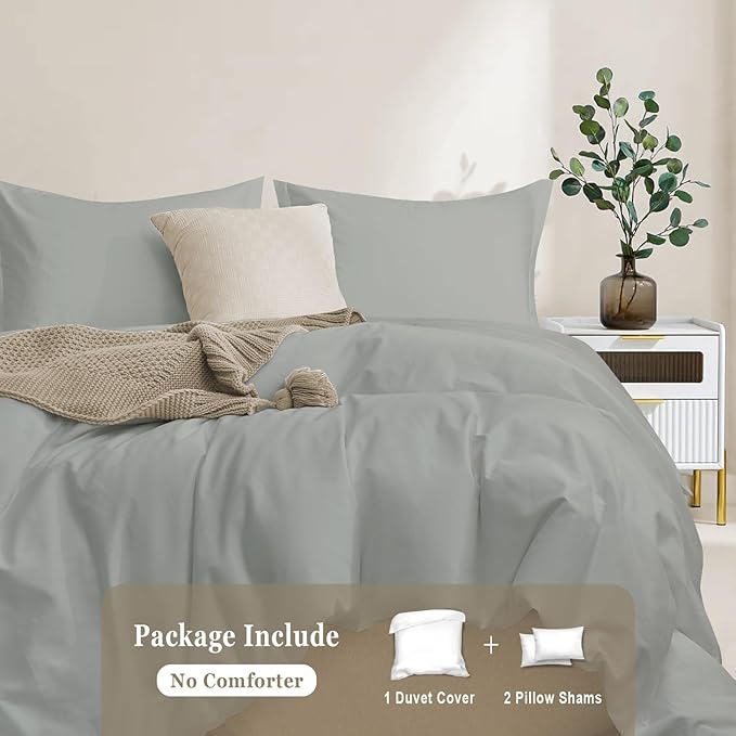 100-Percent Cotton Duvet Cover Set, Hidden Zipper Closure, Ultra Soft, Easy Care and Durable, Simple Bedding Style, King,Grey (Comforter Not Included)