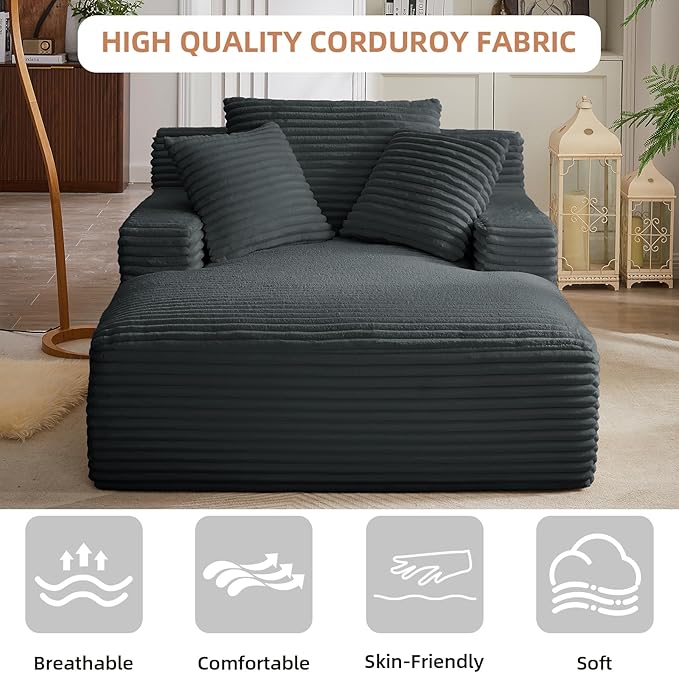 Oversized Chaise Lounge Chair Indoor Corduroy Sofa Bed with Throw Pillows Recliner Chair Comfy Large Deep Seat Sofa Couch for Living Room, Bedroom, Apartment (Dark Grey)