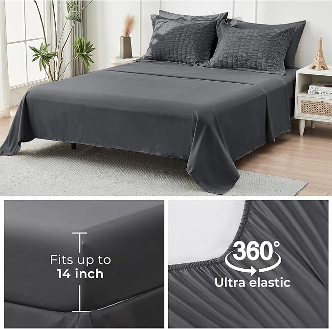 HYMOKEGE Oversized Queen Comforter Set Seersucker 7 Pieces, All Season Luxury Bed in a Bag for Bedroom, Bedding Set with Comforter, Sheets, Pillowcases & Shams, Dark Grey