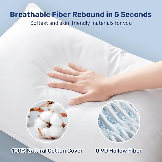 UNIKOME Ultra Soft King Size Pillows Set of 2 - Hotel Collection Luxury 100% Cotton Cover Down Alternative Bed Pillow, Fluffy Pillows for Back, Stomach or Side Sleepers