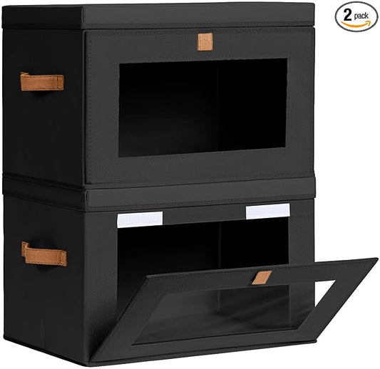 Collapsible Storage Bins - Large Stackable Organizer Bins, Decorative Boxes with Handles & Window, Fabric Containers for Living Room, Closet, Dorm, 2 Pack, Black