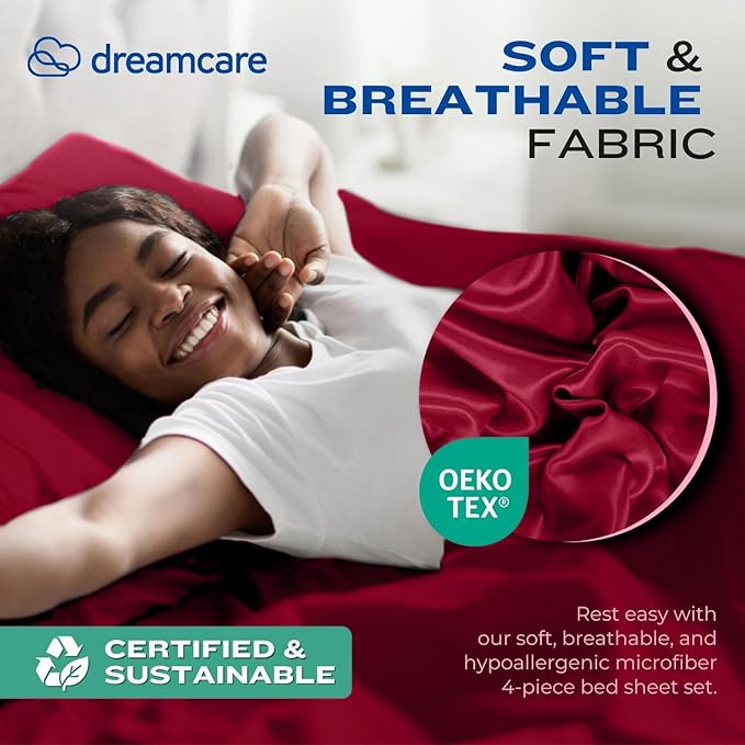 DREAMCARE Twin XL Sheet Sets - 4pc Cooling Sheets XL Twin Sheets - up to 21” Deep Pocket – Hotel Luxury Extra Long Twin XL Bed Sheets 100% Brushed Microfiber with Side Pocket - Burgundy DREAMCARE