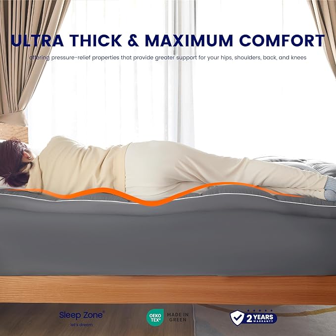 SLEEP ZONE Mattress Topper, Extra Thick Fitted Mattress Pad for Back Pain, Plush and Support Mattress Cover, Deep Pockets Mattress Protector, Hotel Quality (Grey, California King)