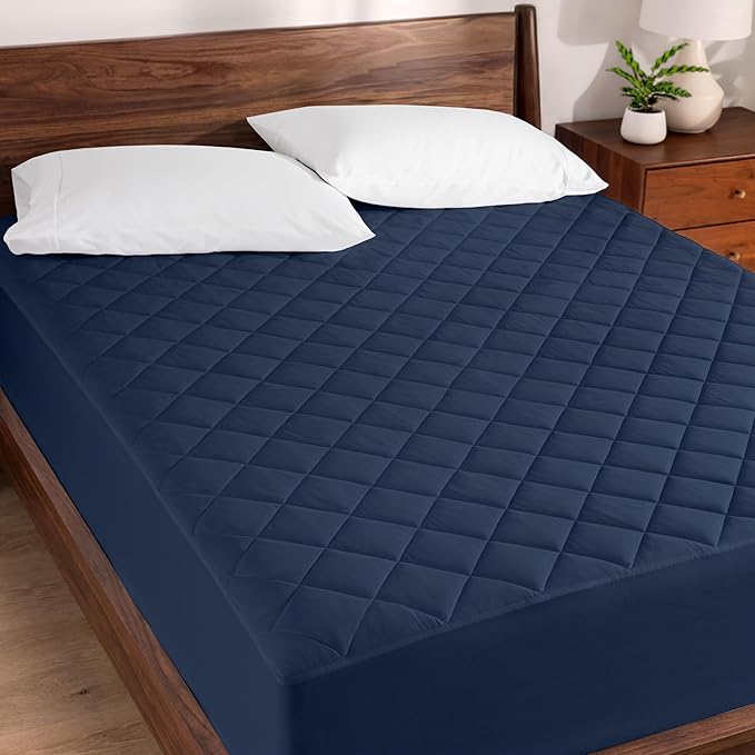 Bare Home Queen Quilted Fitted Mattress Pad - Cooling Mattress Cover - Easily Washable - Elastic Fitted Cover for Mattress - Stretch-to-Fit up to 15 Inches Deep (Queen, Dark Blue)