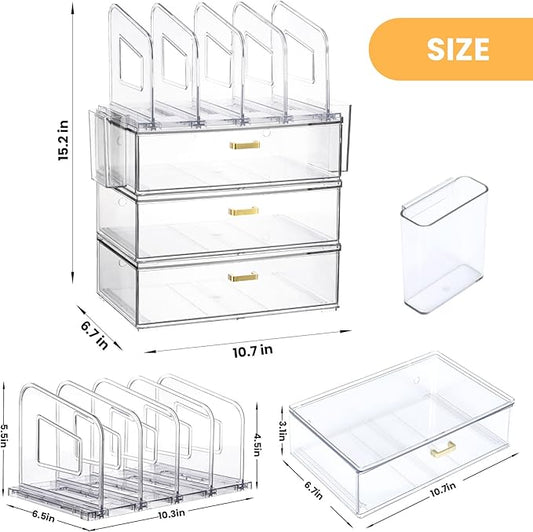 Acrylic Desk Organizer with 4-Vertical File Holder Rack, 3-Clear Drawer and 2 Pen Holders, Desktop Storage for Office Desk Accessories School Classroom Organization (Clear)