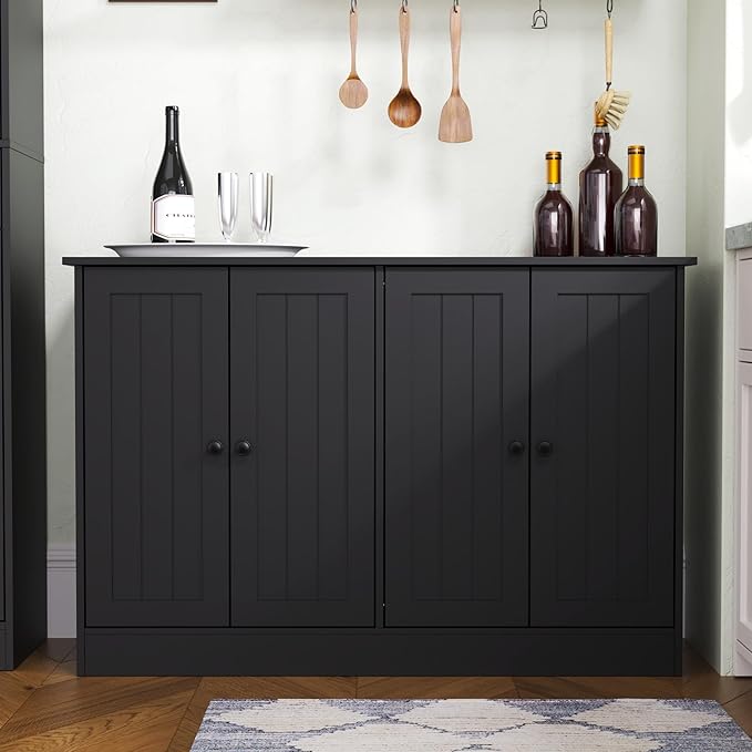Sideboard Buffet Cabinet with 4 Doors, 47" W Kitchen Storage Cabinet with Storage, Modern Farmhouse Coffee Bar Station Wood Kitchen Table for Living Room Dining Room, Black