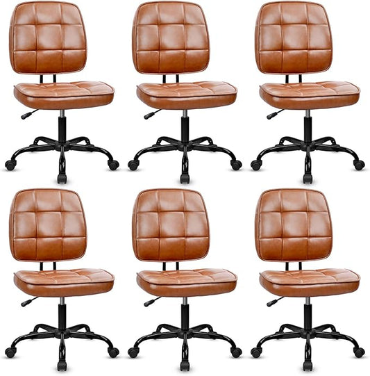 CLATINA Armless Home Office Chair with Lumbar Support and Wheels, Small PU Leather Ergonomic Low Back Desk Chairs No Arms, Adjustable Height 360° Swivel Rolling Computer Task Chair, Brown, 6 Pack