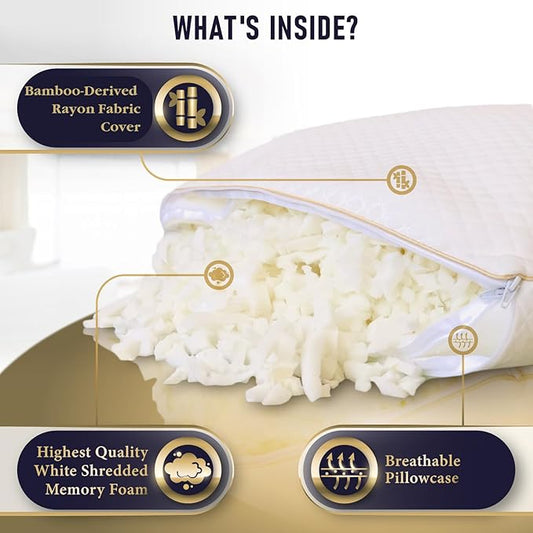 Royal Therapy 2-Pack King Size Pillows, Memory Foam Pillow - Shredded Foam, Hypoallergenic Bamboo-Derived Rayon Cover, CertiPUR-US Certified, Removable Cover, for All Sleep Positions, Neck Pain Relief