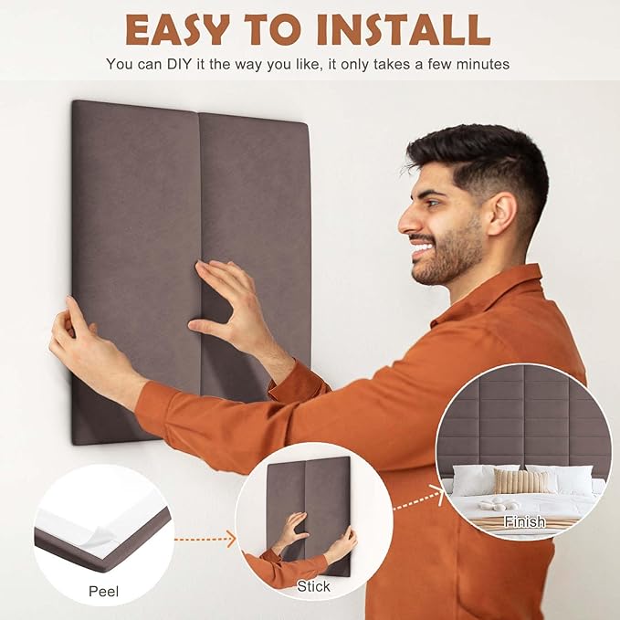 IFNOW Wall Mounted Upholstered Headboard Full, 3D Peel and Stick Soundproof Panels, Reusable and Removable Padded Leather Bed Headboard, 6 Panels 9.84" x 23.62", Dark Skin