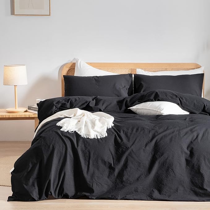 BESTOUCH Duvet Cover Set 100% Washed Cotton Linen Feel Super Soft Comfortable Chic Lightweight 3 PCs Home Bedding Set Solid Deep Black Queen