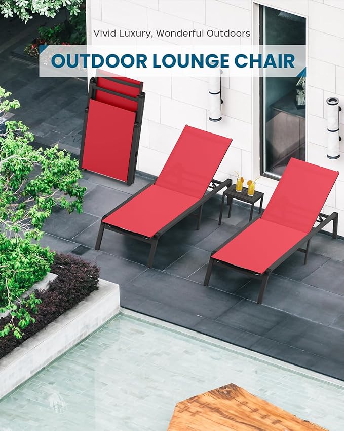 Foldable Pool Lounge Chairs, Aluminum Chaise Lounge Outdoor with 5 Positions Recliner - Free Assembly - Patio Lounge Chair for Poolside, Beach (Red)