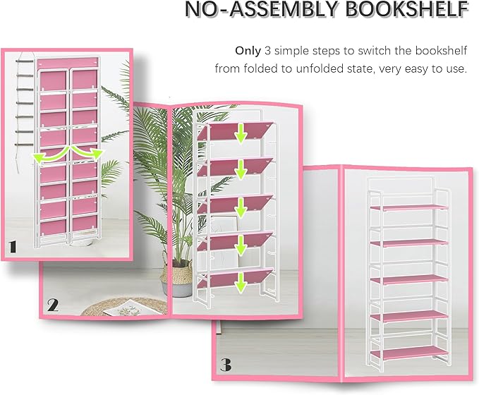 4NM No Assembly 6 Tiers Folding Bookshelf Storage Shelves Vintage Bookcase Standing Racks Study Organizer Home Office (Pink White)
