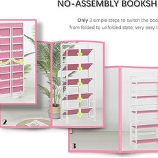 4NM No Assembly 5 Tiers Folding Bookshelf Storage Shelves Vintage Bookcase Standing Racks Study Organizer Home Office (Pink White)