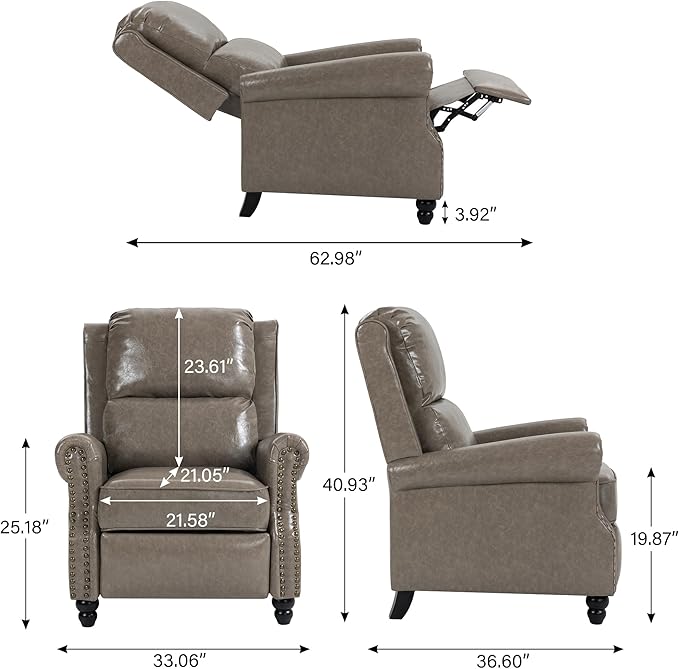 Faux Leather Recliner Chair, Modern Pushback Armchair with Adjustable Backrest & Footrest for Bedroom, Living Room (Grey,Set of 1)