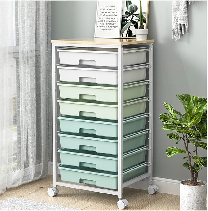 Rolling Storage Utility Cart Organizers with 8 Drawers and Wooden Tabletop for Living Room,Office,Classroom,Craft Room,Bedroom,Dorm,Green